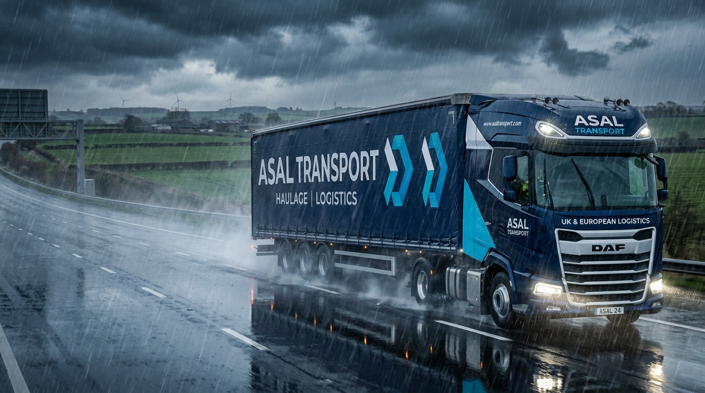 ASAL Transport HGV travelling on a wet UK motorway