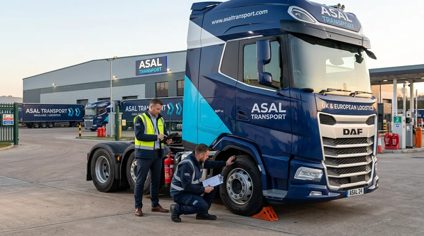 ASAL Transport staff carrying out a vehicle check on a DAF tractor unit