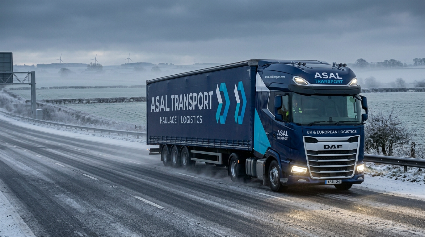 ASAL Transport HGV on a UK road in winter conditions
