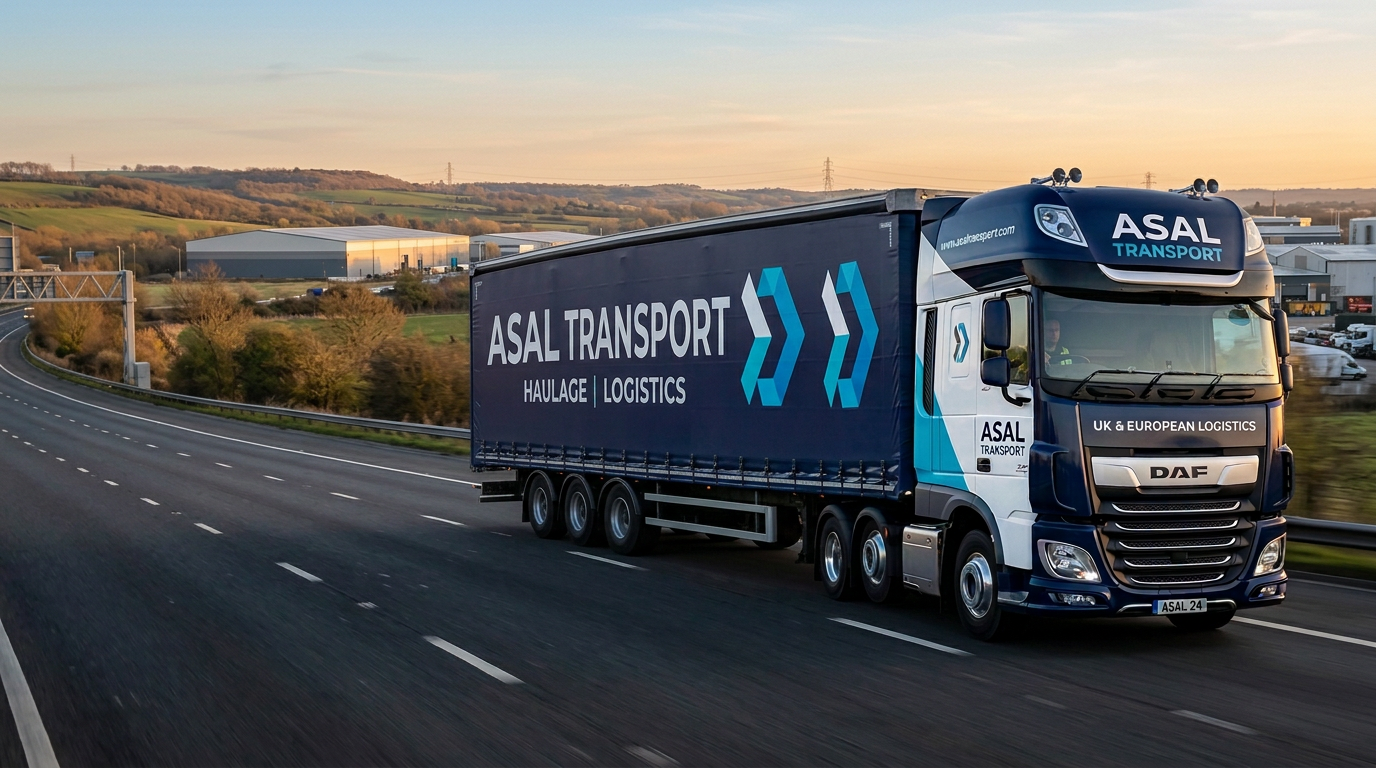 ASAL Transport HGV marked UK & European Logistics on a motorway