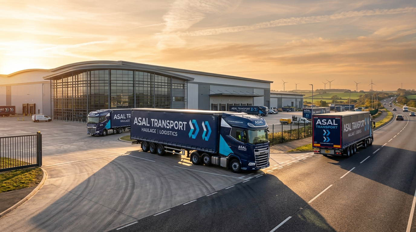 ASAL Transport HGVs leaving a distribution centre at sunset