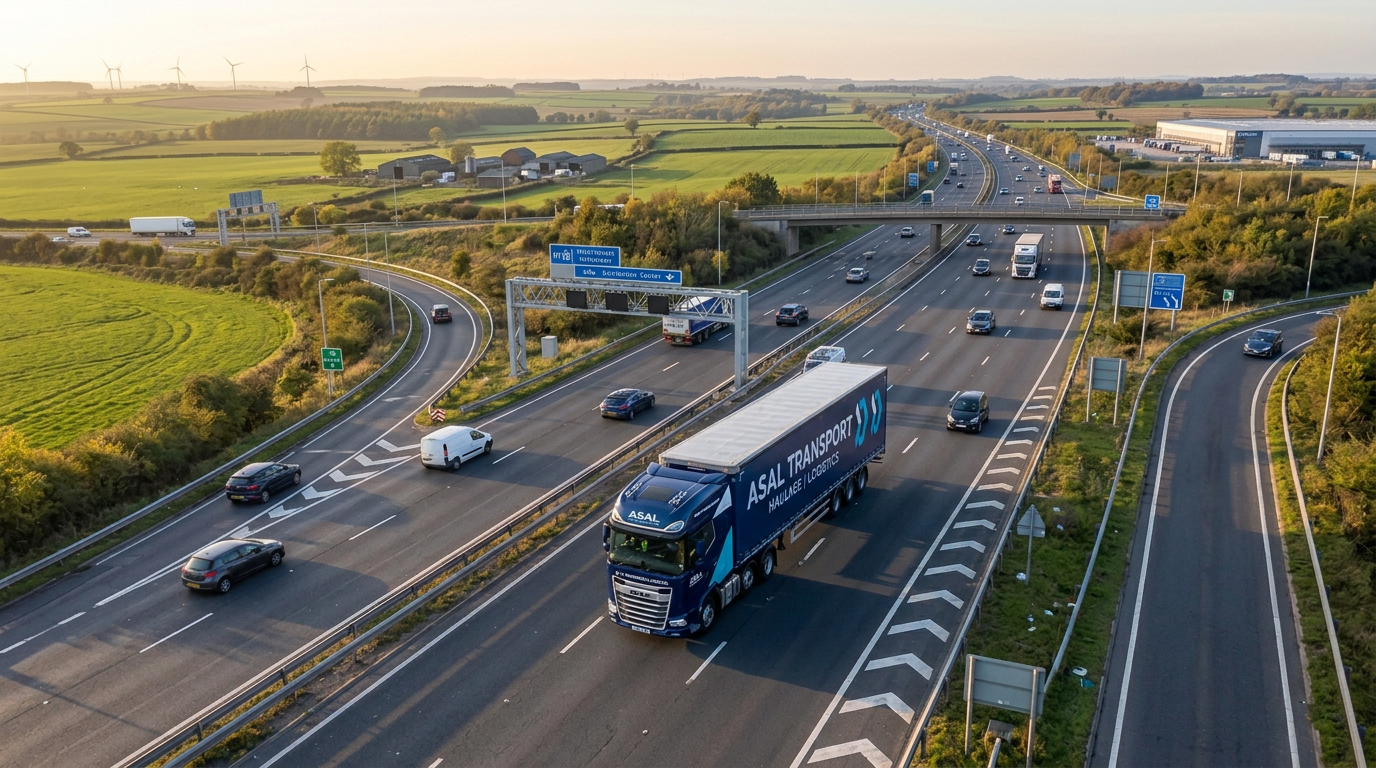 Aerial view of an ASAL Transport HGV on a motorway