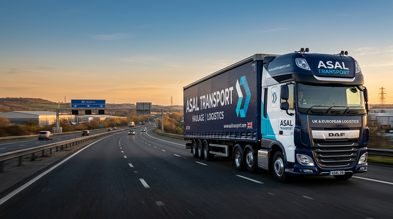 ASAL Transport HGV on the M1 at sunset